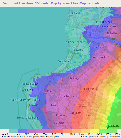 Saint-Paul,Reunion Elevation Map