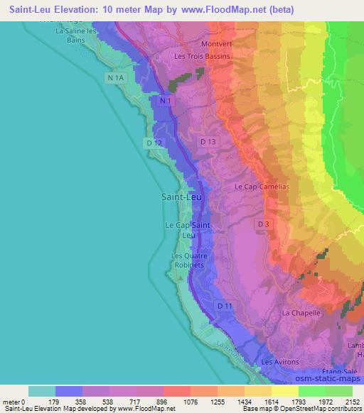 Saint-Leu,Reunion Elevation Map