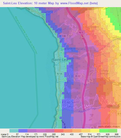 Saint-Leu,Reunion Elevation Map