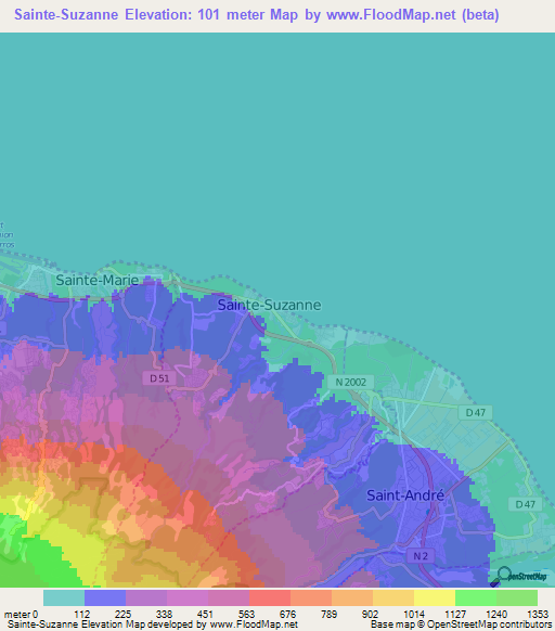 Sainte-Suzanne,Reunion Elevation Map