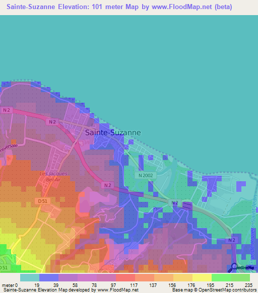 Sainte-Suzanne,Reunion Elevation Map