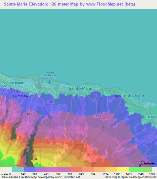 Sainte-Marie,Reunion Elevation Map