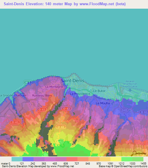 Saint-Denis,Reunion Elevation Map