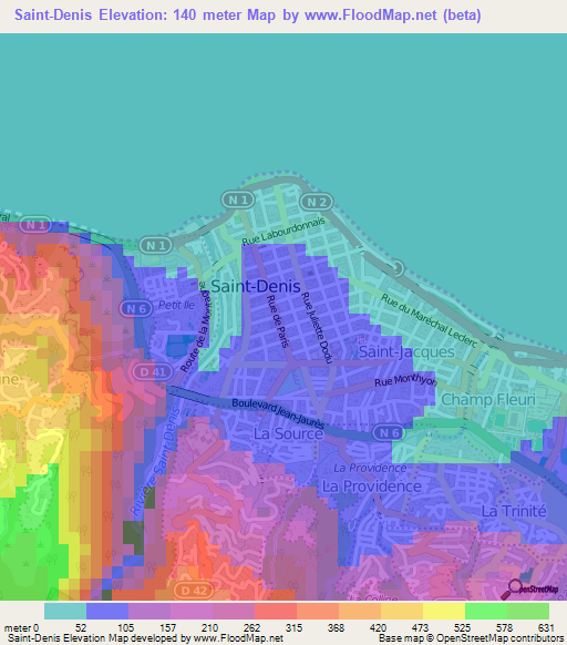 Saint-Denis,Reunion Elevation Map