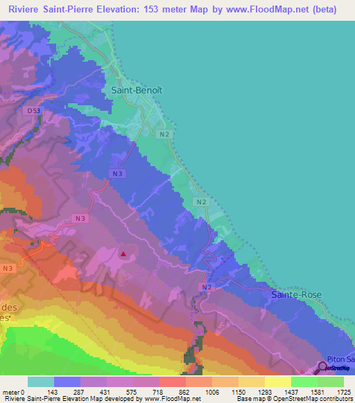 Riviere Saint-Pierre,Reunion Elevation Map