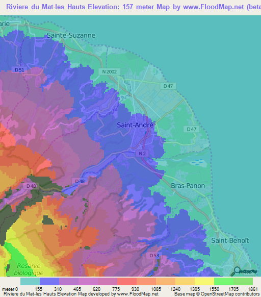 Riviere du Mat-les Hauts,Reunion Elevation Map