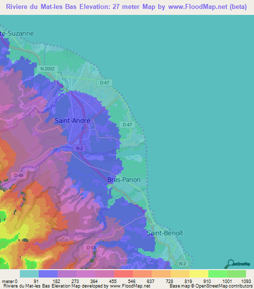 Riviere du Mat-les Bas,Reunion Elevation Map