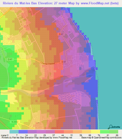Riviere du Mat-les Bas,Reunion Elevation Map