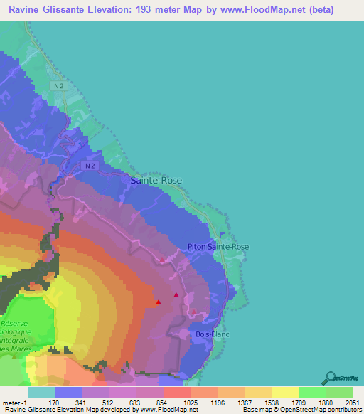 Ravine Glissante,Reunion Elevation Map