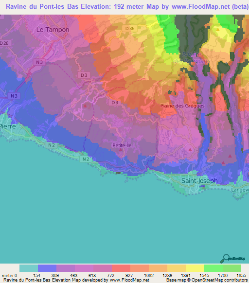 Ravine du Pont-les Bas,Reunion Elevation Map