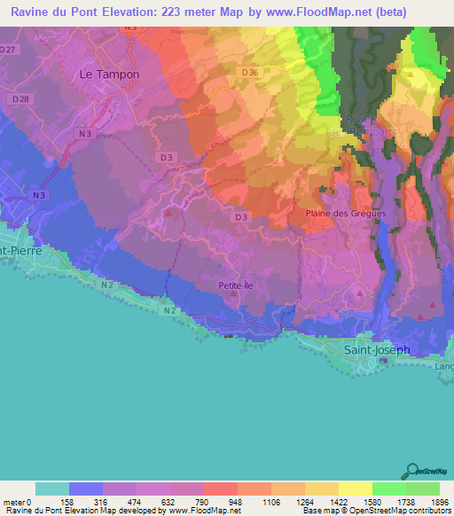 Ravine du Pont,Reunion Elevation Map