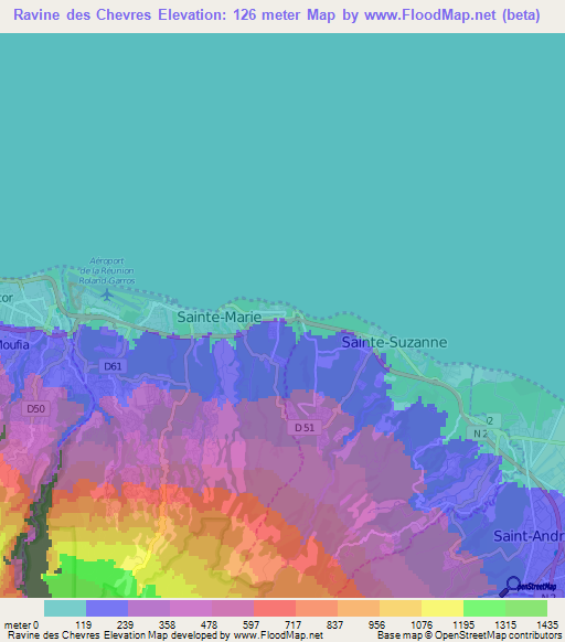 Ravine des Chevres,Reunion Elevation Map