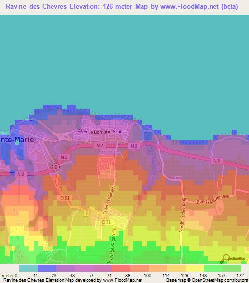 Ravine des Chevres,Reunion Elevation Map