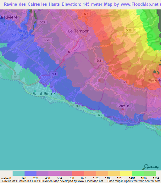 Ravine des Cafres-les Hauts,Reunion Elevation Map