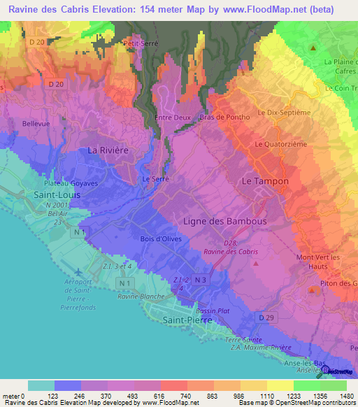 Ravine des Cabris,Reunion Elevation Map