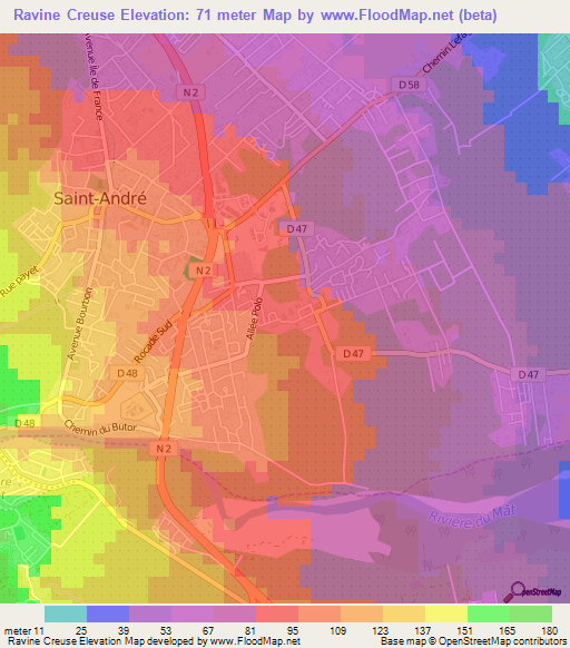 Ravine Creuse,Reunion Elevation Map