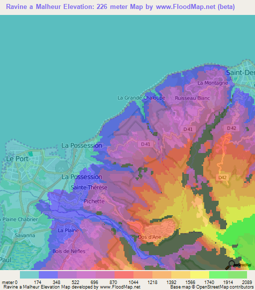 Ravine a Malheur,Reunion Elevation Map