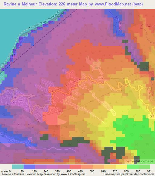 Ravine a Malheur,Reunion Elevation Map