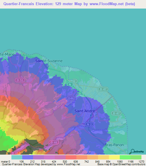Quartier-Francais,Reunion Elevation Map