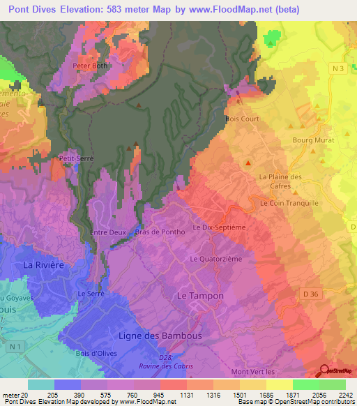 Pont Dives,Reunion Elevation Map