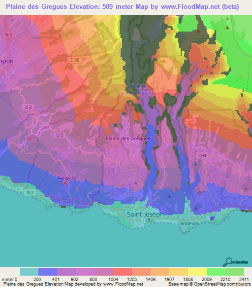 Plaine des Gregues,Reunion Elevation Map