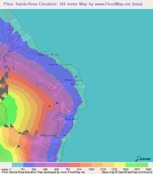 Piton Sainte-Rose,Reunion Elevation Map