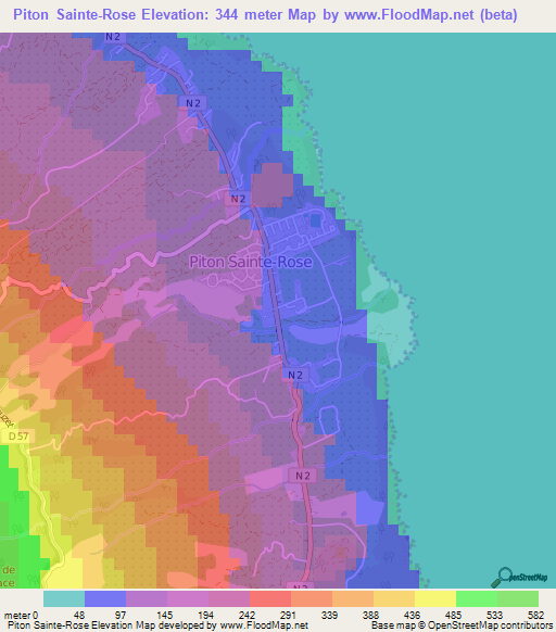 Piton Sainte-Rose,Reunion Elevation Map