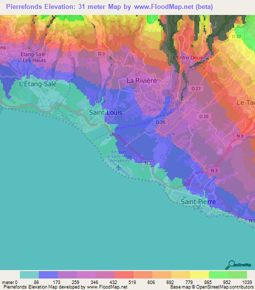 Pierrefonds,Reunion Elevation Map