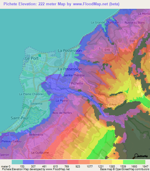Pichete,Reunion Elevation Map