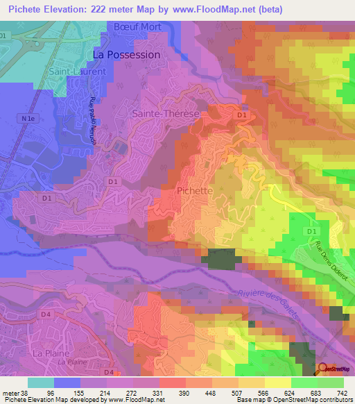 Pichete,Reunion Elevation Map
