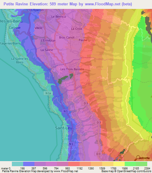 Petite Ravine,Reunion Elevation Map