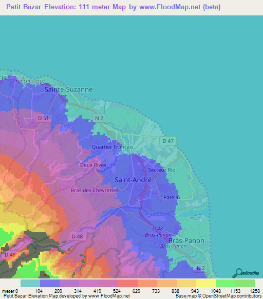 Petit Bazar,Reunion Elevation Map