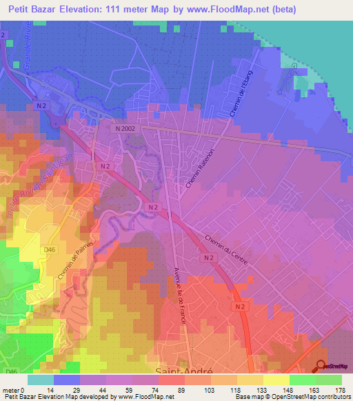Petit Bazar,Reunion Elevation Map