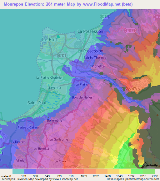 Monrepos,Reunion Elevation Map