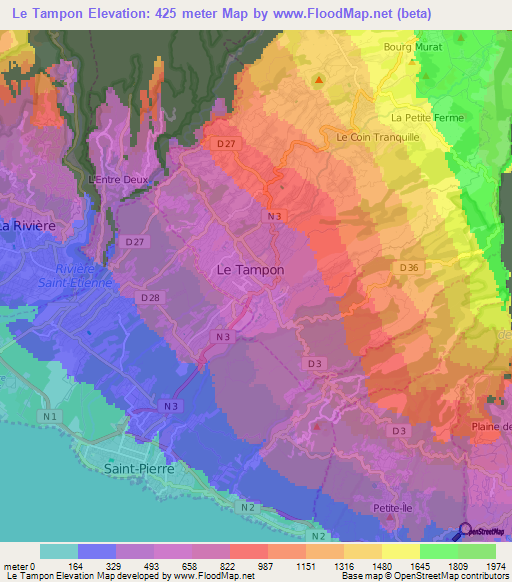 Le Tampon,Reunion Elevation Map