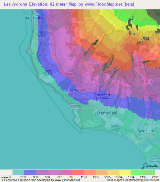 Les Avirons,Reunion Elevation Map