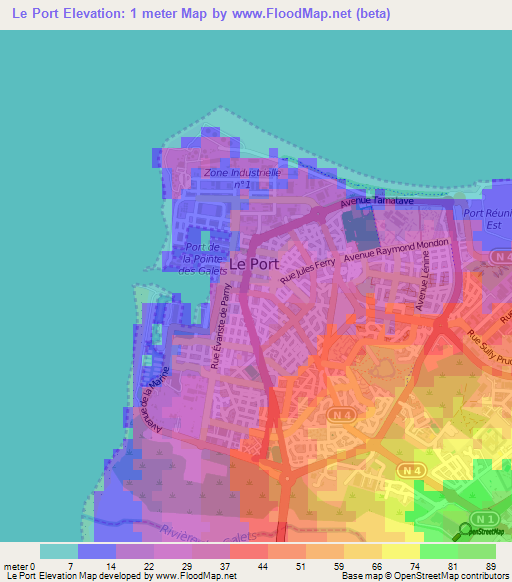 Le Port,Reunion Elevation Map