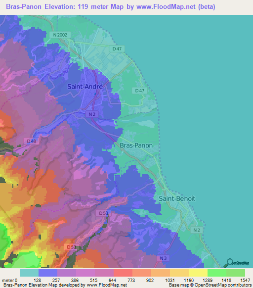 Bras-Panon,Reunion Elevation Map