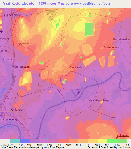 Vaal Reefs,South Africa Elevation Map