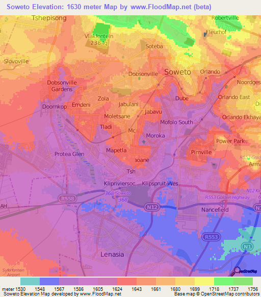 Soweto,South Africa Elevation Map