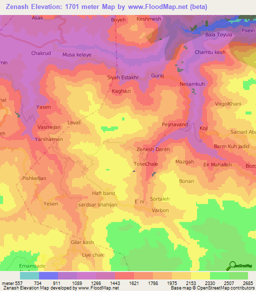 Zenash,Iran Elevation Map