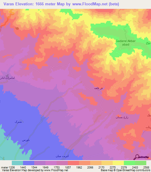 Varas,Iran Elevation Map