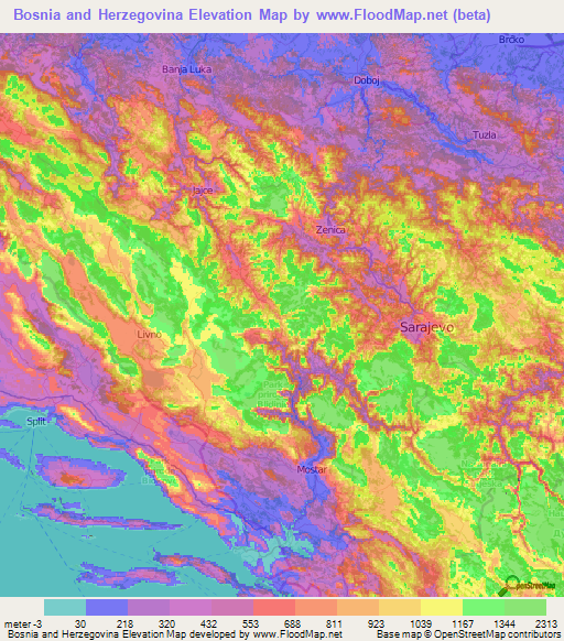 Bosnia and Herzegovina Elevation Map