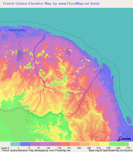 French Guiana Elevation Map
