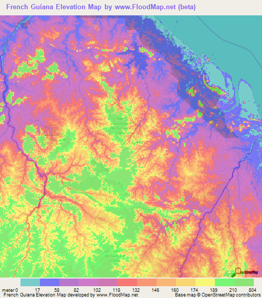 French Guiana Elevation Map