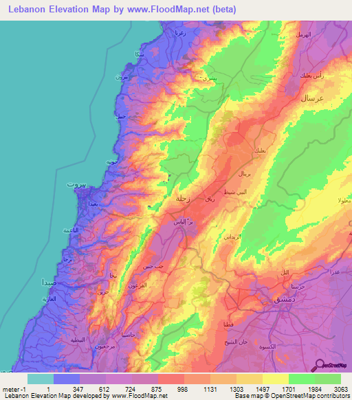 Lebanon Elevation Map