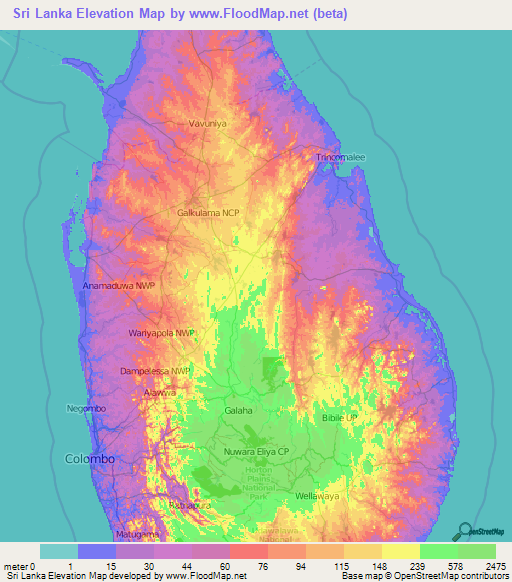Sri Lanka Elevation Map