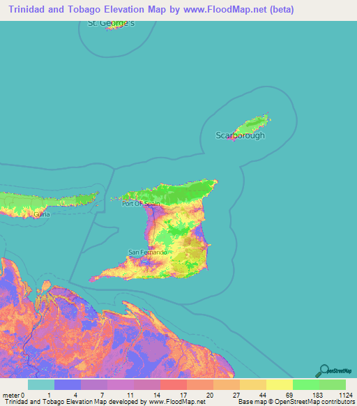 Trinidad and Tobago Elevation Map