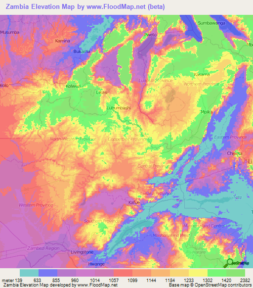 Zambia Elevation Map