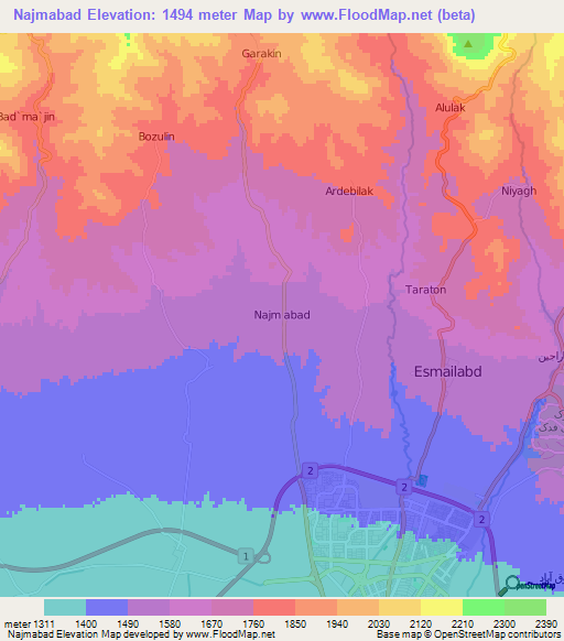Najmabad,Iran Elevation Map